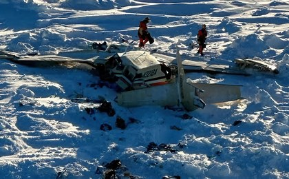 U.S. Coast Guard photo of the commuter plane crash site in western Alaska, taken on February 7, 2025. The aircraft, en route to Nome, tragically claimed 10 lives. Recovery efforts are ongoing amidst challenging weather conditions.